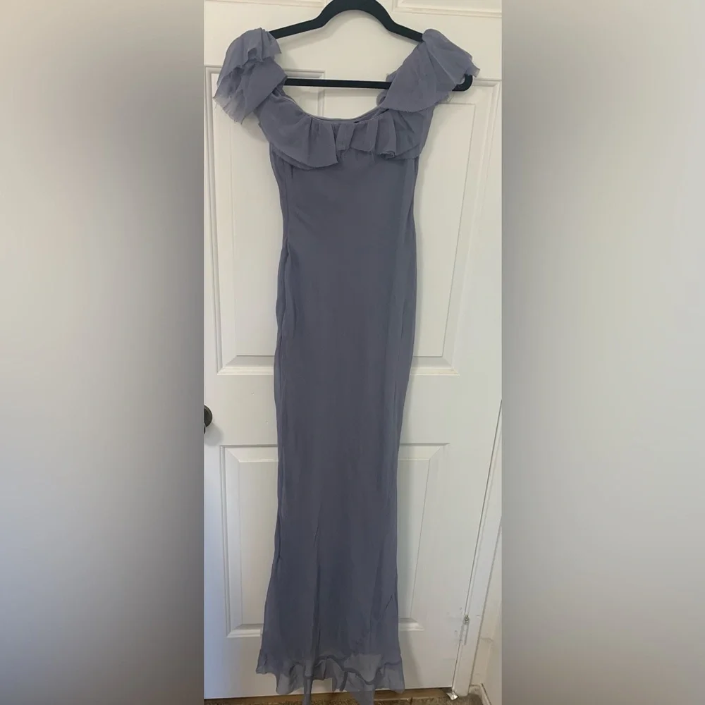 ASOS Dusty Blue Asymmetrical Ruffle Off-Shoulder Gown - Picture 6 of 9